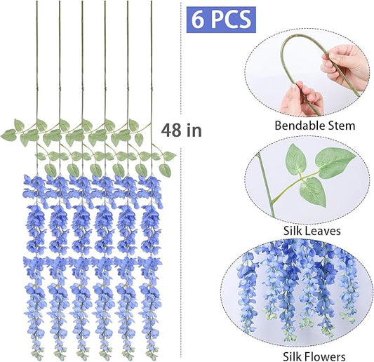 mizii 6Pcs Royal Blue Wisteria Hanging Flowers 48" Silk Wisteria Artificial Flowers Garland Vines Fake Hanging Flowers Decoration for Wedding Flower Wall Backdrop Centerpieces Room Decor (Royal Blue)