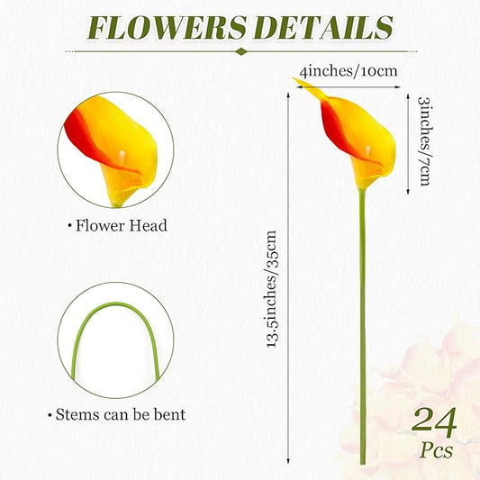 24 Pcs Orange Artificial Calla Lily Flowers Fake Orange Silk Flowers Real Touch for Wedding Bouquet Office Home Kitchen Decor