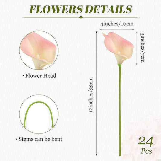 24 Pcs Pink Artificial Calla Lily Flowers Fake Pink Silk Flowers Real Touch for Wedding Bouquet Office Home Kitchen Decor