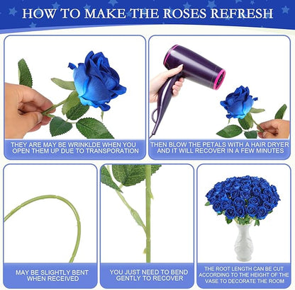 Hananona 50 Artificial Roses in Bulk, Fake Silk Roses Realistic Blue Roses for Wedding Centerpieces Flower Arrangement Home Decor (50, Blue)