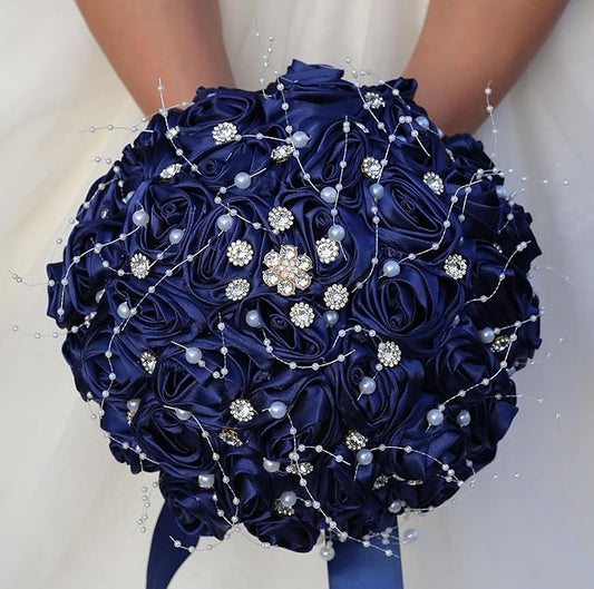 Bridal Wedding Bouquet Round Bling Brooch Bouquet Throw Toss Artificial Rose Flower Bunch for Bride Bridesmaid Wedding Quinceanera(Navy Blue, 8.7")