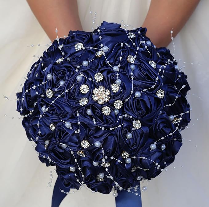Bridal Wedding Bouquet Round Bling Brooch Bouquet Throw Toss Artificial Rose Flower Bunch for Bride Bridesmaid Wedding Quinceanera(Navy Blue, 7.5")