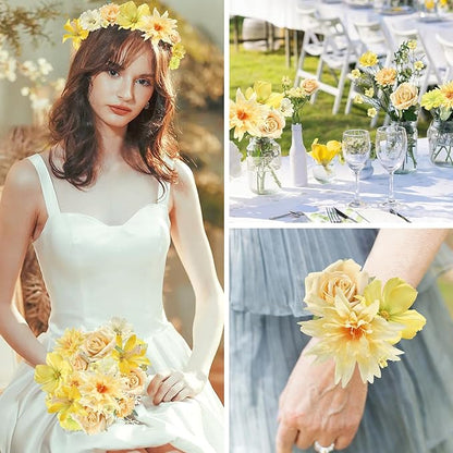 YYHUAWU Fake Flower Heads Mini Yellow Artificial Flower Faux Dahlia Rose Flowers Multicolor Silk Daisy Flower Heads for Craft Garland Wedding Bridal Baby Shower Home Party Decoration DIY Cake Decor