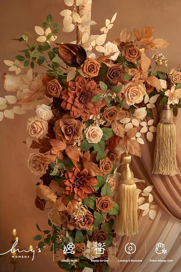 Ling's Moment Deluxe Wedding Arch Flowers with Sheer Drapes Kit - Artificial Walnut Brown Floral Arrangements for Ceremony Backdrop, Garden Arbor Decor, 5-Piece Set (2 Flower Stems + 3 Hanging Drapes)