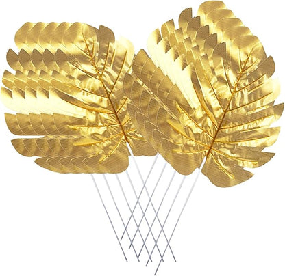 CCINEE 24PCS Golden Artificial Palm Leaves, Faux Monstera Leaves Simulation Safari Leaves with Stems for Home Hawaiian Luau Party Jungle Beach Theme Party Decoration