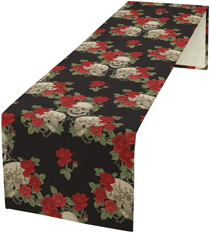 Gothic Table Runner,Red Rose Skull Print Table Runner for Home Kitchen Table Dining Garden Farmhouse Wedding Party Decor 13x36 Inch