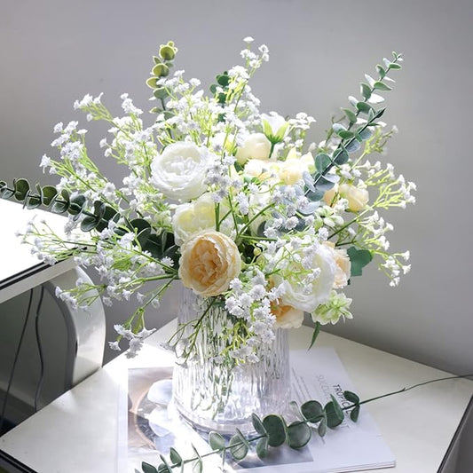 DEEMEI 18pcs Babys Breath Artificial Flowers Fake Eucalyptus Leaves Flowers Bouquet Artificial White Gypsophila Bouquets Real Touch Faux Flowers for Wedding Floral Arrangement Party Home Decoration