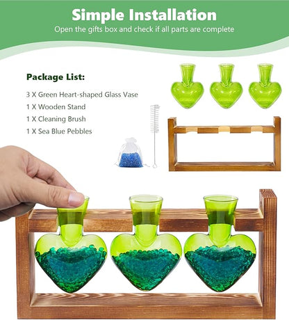 Nacome Plant Terrarium Propagation Stations: Christmas Gifts for Plant Lovers Women Mom Wife - Wooden Stand Tabletop Planter 3 Bulb Glass Vase Heart Shaped for Hydroponics Indoor Home Decor(Green)