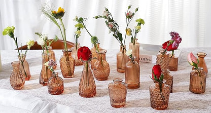 Amber Glass Bud Vases -Set of 20 for Flowers, Small Amber Bud Vases in Bulk for Centerpieces Decor, Mini Glass Set for Home Table Decorations