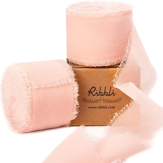 Ribbli Blush Pink Chiffon Ribbon 1-1/2 inch x 20 Yard Handmade Fringe Chiffon Silk Ribbon for Wedding Invitations, Bridal Bouquets Wrapping, Flower Arrangement Decoration