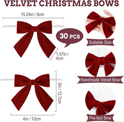 30 Pcs Velvet Ribbon Bows 5" x 4" Pre Tied Christmas Velvet Bows with Twist Tie for Gift Packaging Christmas Tree Wreaths Door Windows Wedding Party Decoration(Xmas Colors)