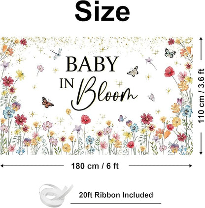 Avezano Wildflower Baby in Bloom Backdrop Banner Wildflower Baby Shower Party Decorations for Girls Gold Glitter Butterfly Spring Floral Baby in Bloom Party Supplies (6x3.6ft)