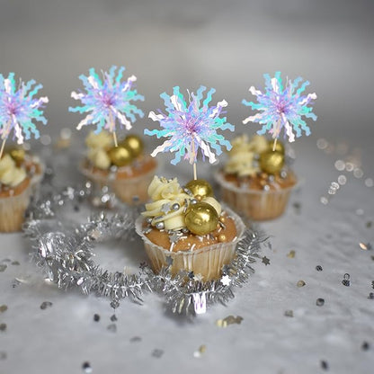 Gyufise 20Pcs Foil Firework Cupcake Toppers Happy Birthday Cake Toppers Sparkle Tinsel Flower Drink Stirrers Cocktail Food Fruit Toothpicks for Valentine's Day Party Supplies Light Blue