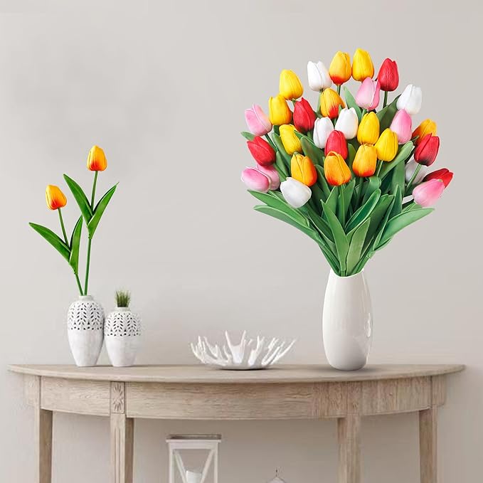 Sggvecsy 30 Pcs Fake Tulips Artificial Flowers Real Touch PU Faux Flowers Tulip Stems for Wedding Spring Bouquet Floral Arrangement Home Party Office Decorations for Mother's Day (Multi Colors)