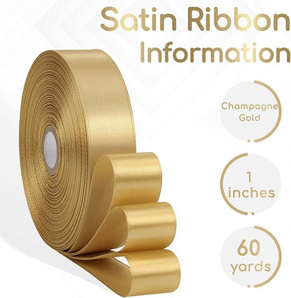 Champagne Gold Satin Ribbon 1 Inch, 60 Yards Champagne Gold Ribbon for Hair, Crafts, Graduation Wreaths, Flower Bouquet, Gift Wrapping, Christmas, Festival Decor