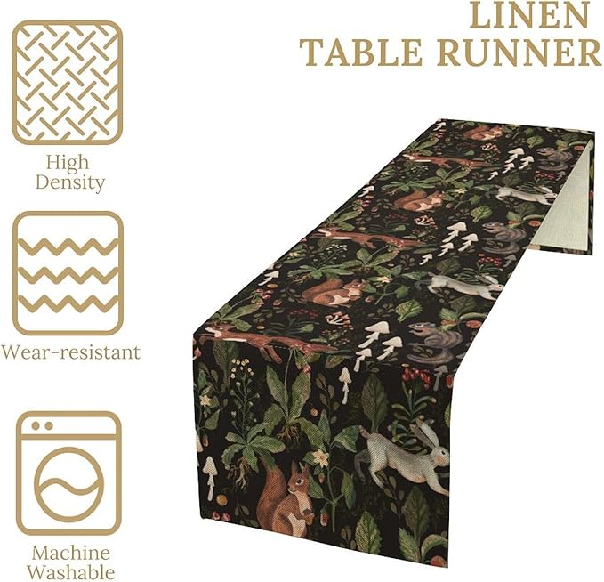 Rustic Woodland Table Runner, Rustic Forest Wild Animals Bunny Rabbit Squirrel Mushroom Plants Table Runner for Holiday Farmhouse Kitchen Dining Table Decor, 13x60inch