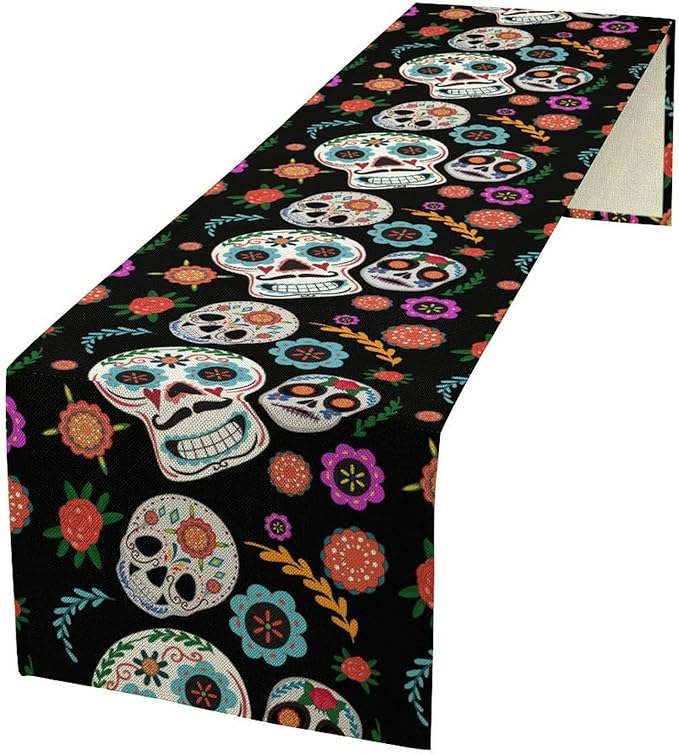 Gothic Skull Table Runner,Vintage Style Colourful Table Runner for Home Kitchen Table Dining Garden Farmhouse Wedding Party Decor 13x36 Inch