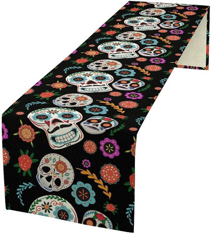 Gothic Skull Table Runner,Vintage Style Colourful Table Runner for Home Kitchen Table Dining Garden Farmhouse Wedding Party Decor 13x108 Inch