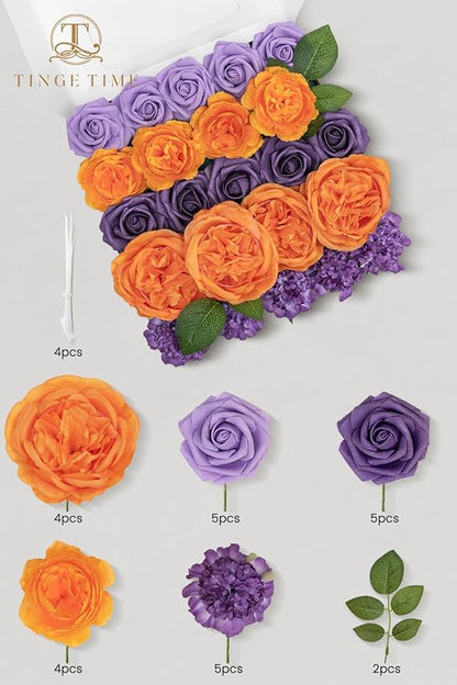 TINGE TIME Rose Artificial Flowers Combo, Gradient Color Faux Foam Roses with Stems for DIY Wedding Bridal Shower Party Table Centerpieces Fake Floral Arrangement Home Decor(Burnt Orange and Purple)