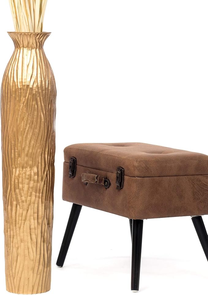 LEEWADEE Large Floor Vase – Handmade Flower Holder Made of Wood, Sophisticated Vessel for Decorative Branches and Dried Flowers, 36 inches, Golden