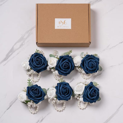 Meldel Blue Wrist Corsage,Set of 6, Prom Wrist Flower Girl/Mother Corsages Wristlet Perfect for Bride Bridesmaids Wedding Guests Hand Flower, Party, Homecoming, Ceremony Anniversary