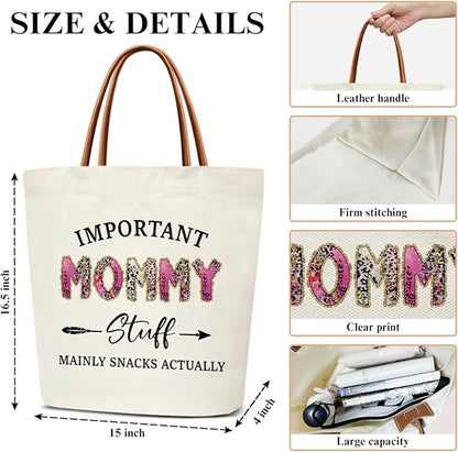 Canvas Tote Bag for Women, Important Stuff Bag with Leather Handle, Reusable Grocery Bags for Shopping Beach Travel