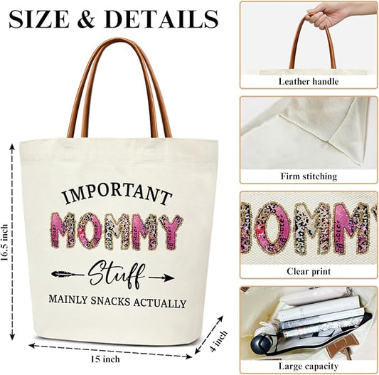 Canvas Tote Bag for Women, Important Stuff Bag with Leather Handle, Reusable Grocery Bags for Shopping Beach Travel