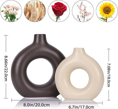 Brown and Cream Vase Decor Donut Vase Set of 2 - Circle Hollow Vases, Modern Matte Ceramic Vases for Entryway Living Room Bedroom Dining Table Centerpiece Office Home Decor