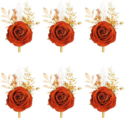 Meldel Burnt Orange Velvet Rose Boutonniere for Men,Set of 6,Groom and Best Man Boutonnieres with Artificial Flower,for Wedding Ceremony Anniversary, Dinner Party, Fall Vintage Rustic Marriage Prom