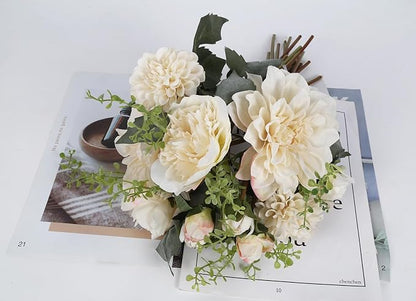 2 Bouquets White Artificial Peonies Combo Faux Dahlia Flowers 18stems Faux Flowers for Vase White Fake Flowers for Home Decoration Wedding Decoration Bride Bouquet (White)