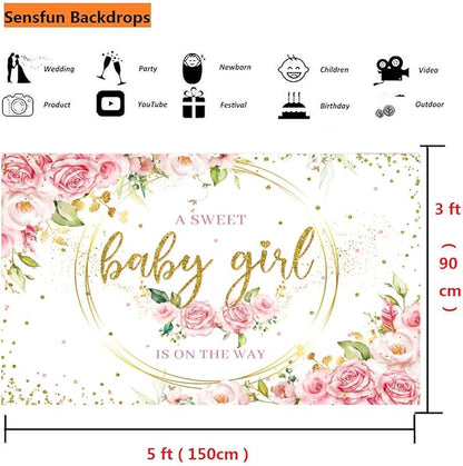 Sensfun Glitter Gold Pink Floral Baby Girl Baby Shower Backdrop Banner Decorations,Watercolor Flower Its a Sweet Baby Girls Baby Shower Party Decor Photography Background Photo Booth Shoot Props 5x3ft