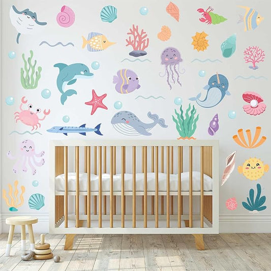 58Pcs Ocean Adventure Wall Stickers - Removable Under The Sea Nursery Decor, Peel & Stick Marine Animal Wall Decals for Kids' Bedroom & Playroom
