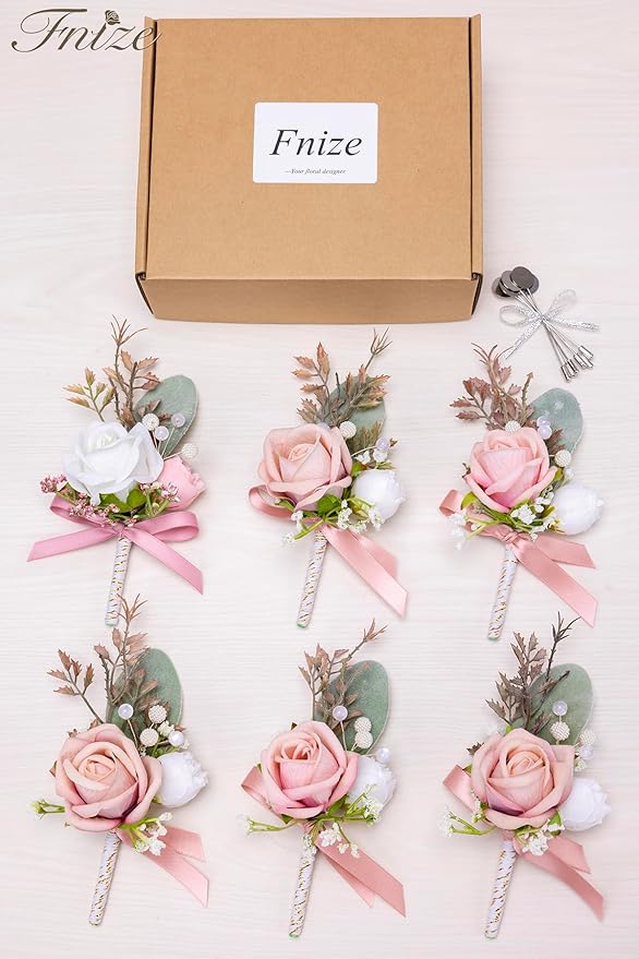 Fnize Pink Boutonniere for Men, 6 Pcs Groom Groomsmen Boutonnieres, Artificial Flowers for Wedding Prom Homecoming