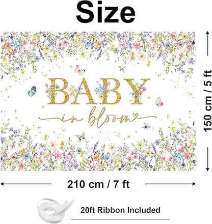 Avezano Baby in Bloom Backdrop Wildflower Baby Shower Party Decorations Watercolor Floral Baby in Bloom Banner Gold Glitter Butterfly Photography Background Cake Table Banner (7x5ft)