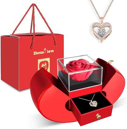 Preserved Flower Red Rose with Heart Necklace, Gifts for Mom, Girlfriend, Women, Wife, Grandma on Christmas, Valentine's Day, Mother's Day, Birthday, Anniversary, Thanksgiving