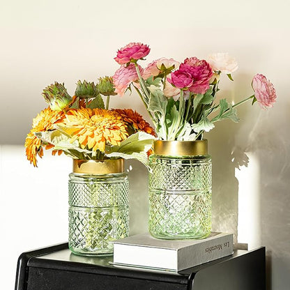 2-Pack Flower Vase Glass, 7.6 inch Green Fluted Vase with Golden Metal Top,Stylish Decorative for Tabletop Centerpiece, Kitchen,Living Room,Bedroom,Bathroom,Office