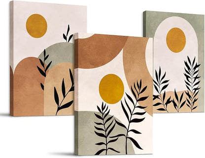 SERIMINO Botanical Wall Art, Boho Canvas Wall Decor for Living Room, Set of 3, Minimalist Orange Sun Artwork Paintings Wall Decor for Bedroom, Office,12 x16 inch
