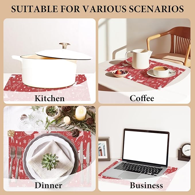 Elk Red Christmas Placemats Set of 4, Dining Mat Cotton Linen Waterproof Table Mats Decor Fabric for Christmas Holiday Kitchen Dinner Table, Washable Wipeable Placemat -N041