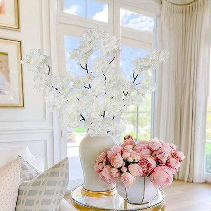 2 Pcs Artificial Cherry Blossom Flowers Branches 41" Faux Cherry Blossom Long Stem White Silk Cherry Blossom Tree Tall Fake Flower Arrangement for Home Wedding Centerpieces Spring Indoor Decor