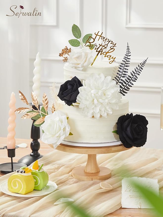 Serwalin Black Artificial Flowers, White Roses Silk Fake Flowers for DIY Wedding Bridal Bouquets, Wedding Cake Flowers for Table Centerpieces Baby Shower Birthday Party Home Decorations