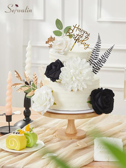 Serwalin Black Artificial Flowers, White Roses Silk Fake Flowers for DIY Wedding Bridal Bouquets, Wedding Cake Flowers for Table Centerpieces Baby Shower Birthday Party Home Decorations