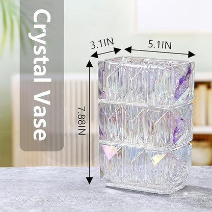 Glass Flower Vase, Clear Crystal Vases for Centerpieces, Heavy Handmade Modern Vases for Decor Home Bedroom Kitchen Office Living Room, 7.88 Inch (Clear Iridescent)