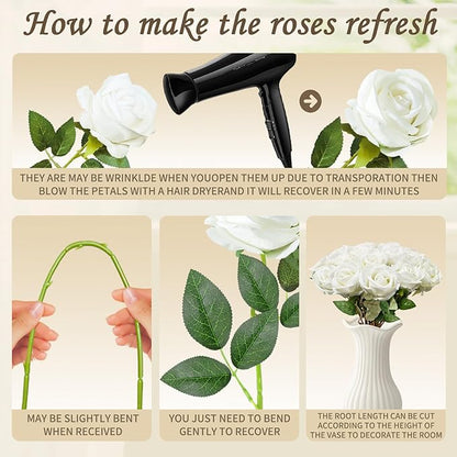 22 Pcs Artificial Roses - Realistic Velvet Flowers with Stems, Bulk Faux Roses for Home Wedding Party Decor (White)