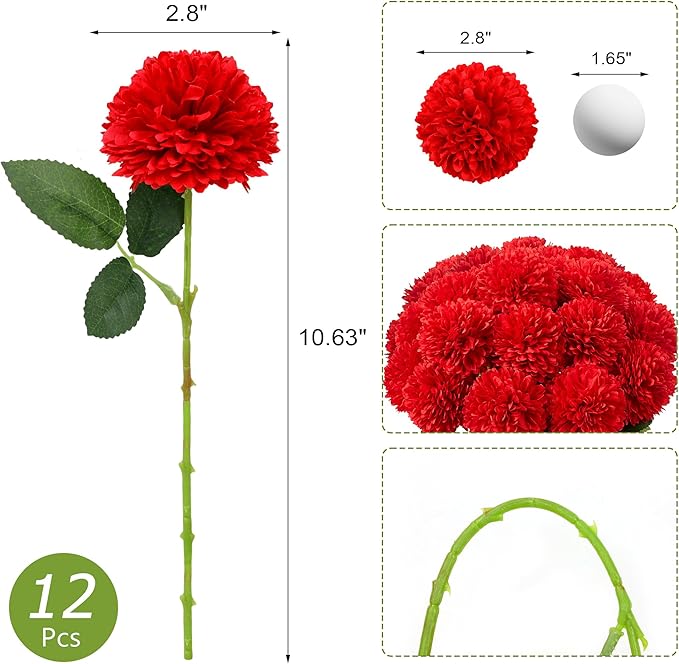 SITUMEIZI 12 Pcs Red Flowers Artificial Chrysanthemums Ball Flower Fake Mums Silk for Spring Wedding Home Kitchen Christmas Decoration Floral Arrangement Table Centerpiece