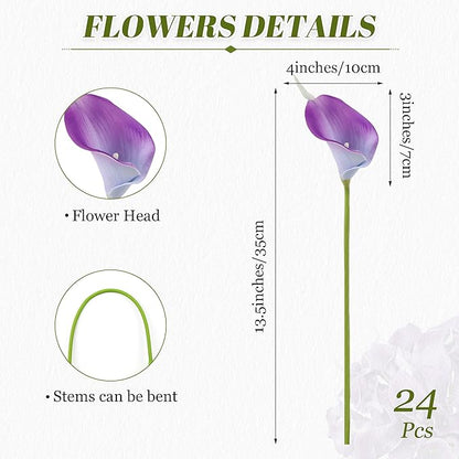 24 Pcs Purple Artificial Calla Lily Flowers Fake Purple Silk Flowers Real Touch for Wedding Bouquet Office Home Kitchen Decor
