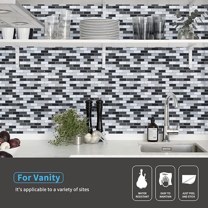 Art3d 6-Sheet (Pack Of 6) Wall Panel Marble, Black/White