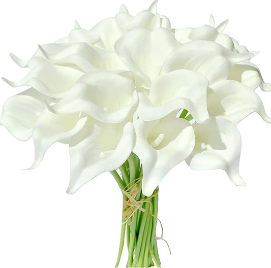 Mandy's PU Pure White Calla Lily Artificial Flowers 20 Stems 13.5in Faux Realistic Centerpiece for Thanksgiving and Christmas Decorations DIY Bridal Bouquet Home Décor