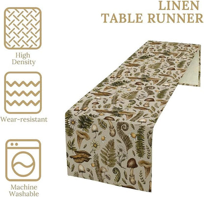 Vintage Woodland Mushroom Table Runner, Rustic Forest Green Plants Wild Mushroom Ferns Daisy Print Kitchen Dining Table Runners for Indoor Outdoor Home Party Holiday Decor, 13x36inch