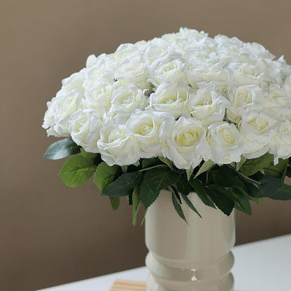 YXZZWL 60 Pcs Artificial Roses in Bulk, Fake Silk Roses Realistic Roses Stem Faux Roses Bouquet for Wedding Centerpieces Flower Arrangement Home Decor (White)