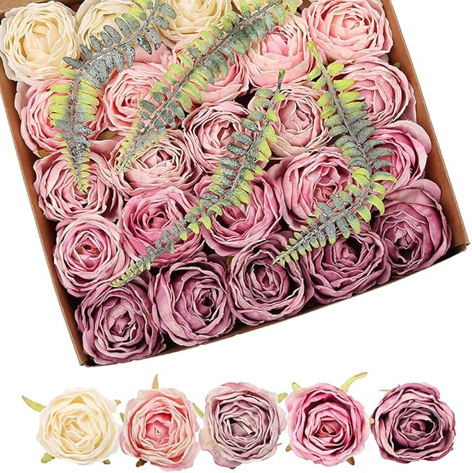IPOPU Roses Heads Dried Silk Flowers 25PCS Fake Roses Heads for Floral Arrangements Roses Artificial Flowers for Silk Bouquet Bulk Wedding Flowers in Purple Bulk Silk Roses (Light Pink Purple Mixed)